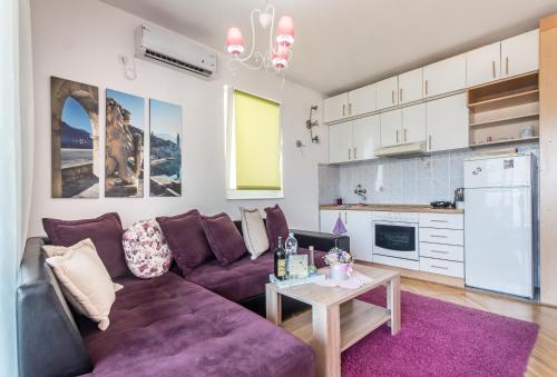 布德瓦灵感公寓的客厅配有紫色沙发和桌子