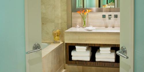 温哥华艾米塔什酒店的浴室配有盥洗盆、淋浴和毛巾