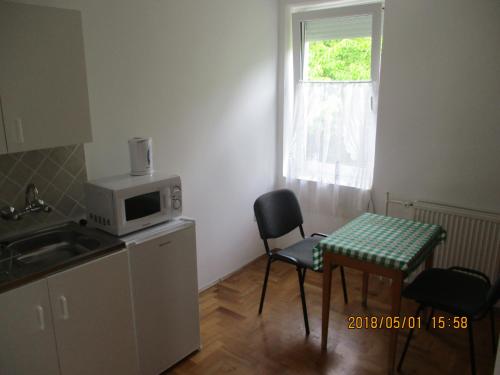 巴拉顿菲赖德Boglárka Apartmanház的一间带桌子和微波炉的小厨房