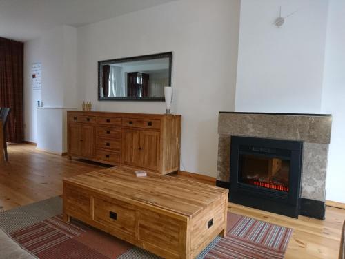 多德雷赫特Hiltje - Nice to stay的客厅设有壁炉和木制咖啡桌。