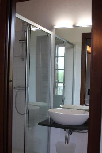 科斯蒂廖莱达斯蒂Bed and Breakfast Cascina Beccaris的一间带水槽、淋浴和镜子的浴室