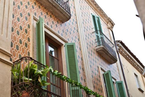 巴古尔Hostalet dels Indians的一座带绿色百叶窗的建筑和一座盆栽植物