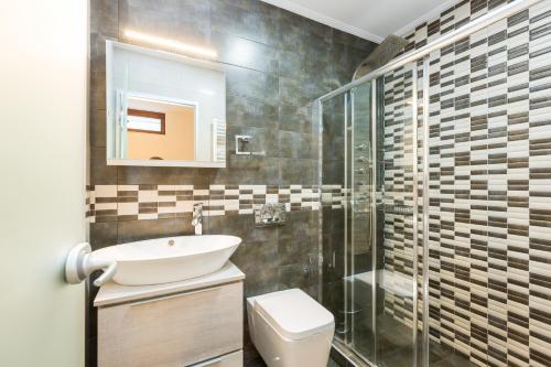 卡莱维斯Rodi Stone Villa的一间带水槽、卫生间和淋浴的浴室