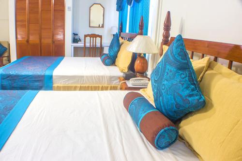 金斯敦亚历山大酒店的一间卧室配有两张带蓝色和黄色枕头的床