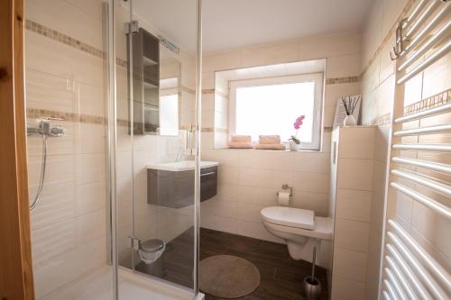 VogelsangFerienwohnung SEA的带淋浴、卫生间和盥洗盆的浴室