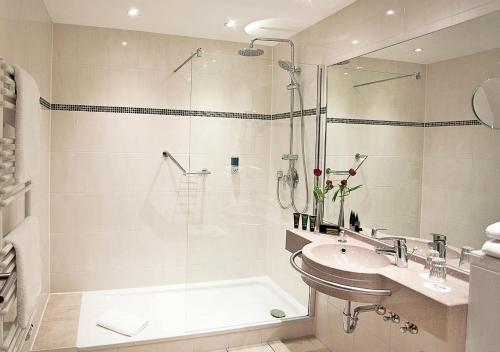 海德堡全景酒店的带淋浴、盥洗盆和浴缸的浴室