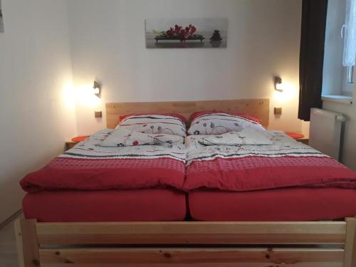 伏尔塔瓦河畔利普诺Moderni Domek Lipno的床上有红色和白色的被子
