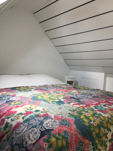 Le Cloître-Saint-ThégonnecLe Gîte "Le Grand Chêne"的一张床上有五颜六色的毯子,放在房间里