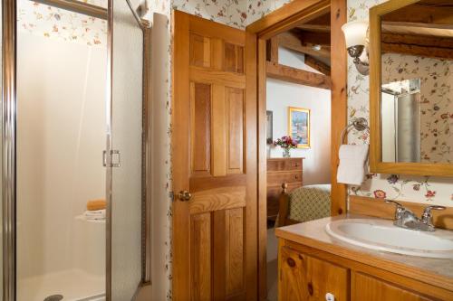 楠塔基特七海街旅馆的一间带水槽、淋浴和镜子的浴室