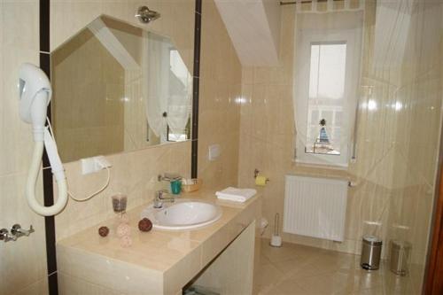 Biskupice珀柯杰戈瑟林贾姆酒吧旅馆的浴室配有盥洗盆和带镜子的淋浴