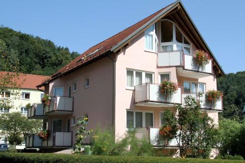 巴特尚道Hotel-Garni Elbgarten Bad Schandau的阳台上有花盆的建筑
