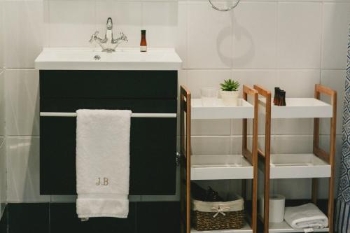 San JavierCasa Bouchon Hotel Boutique的浴室配有水槽和带毛巾的绿色橱柜。