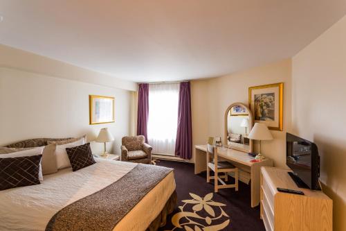 里加马拉机场酒店的酒店客房配有一张床、一张书桌和一台电视。