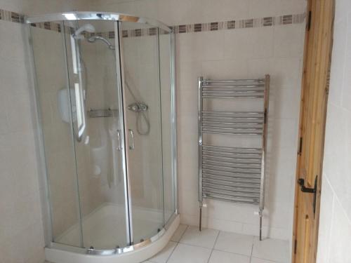 巴林斯凯利格斯Chapel Cross House的浴室里设有玻璃门淋浴