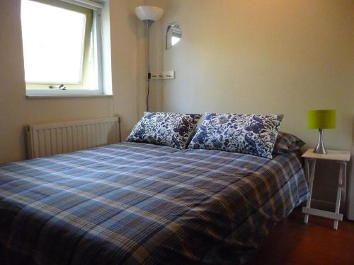 奥德米拉得姆Wellness vakantie villa的一间卧室配有一张带铺着地毯的床和窗户。