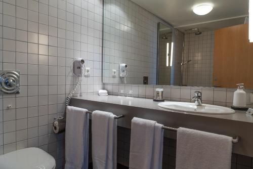 伊萨菲尔德Hotel Isafjördur - Torg的一间带水槽、卫生间和镜子的浴室