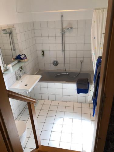 Runkel布特度假屋的带淋浴和盥洗盆的浴室