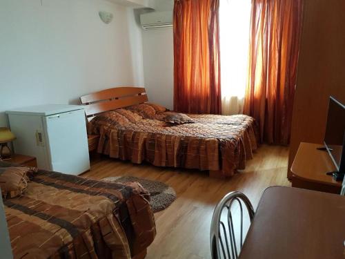 TeiuşHotel Floare de Colt的酒店客房设有两张床、一张桌子和一张书桌。