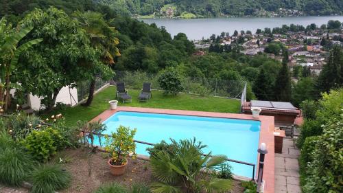 雷焦Appartamenti Villa Colibri的花园内的游泳池,享有湖景