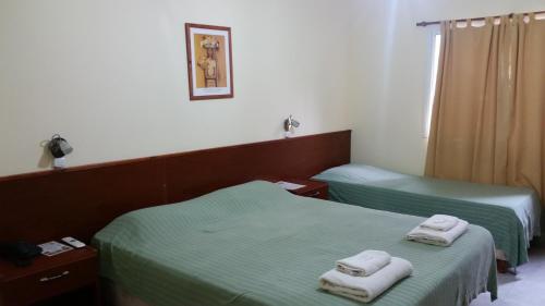 Aldea CamareroHotel Jalisco的两张位于酒店客房的床,配有毛巾