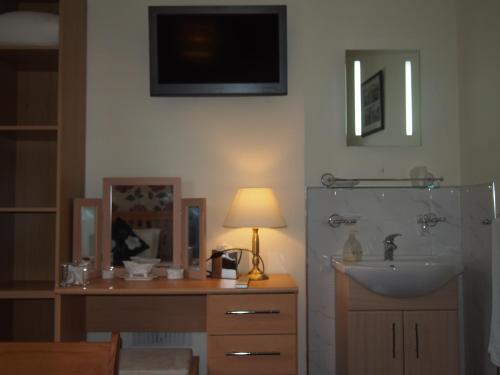 贝图瑟科伊德Bodhyfryd Guesthouse的一间带水槽的浴室和一张带台灯的桌子