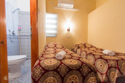 拿撒勒Daher Guest House Nazareth的一间带一张床、淋浴和卫生间的浴室