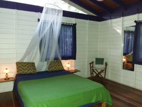 别霍港埃尔图昌丛林小屋住宿加早餐旅馆的一间设有绿床的卧室,位于带窗户的房间内