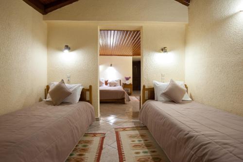 特尔斐Hermes Delphi Hotel的酒店客房带两张床和一间卧室