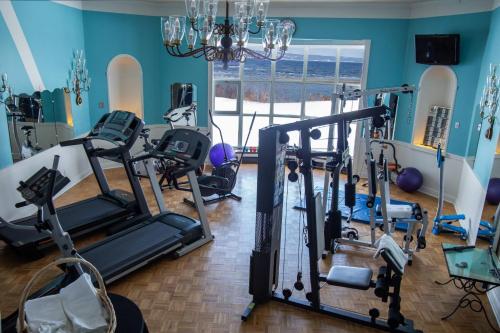 贝科莫曼诺拜康酒店的健身房设有健身器材和大窗户