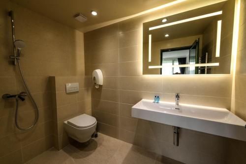 大特尔诺沃Park Hotel RAYA Garden的一间带水槽、卫生间和镜子的浴室