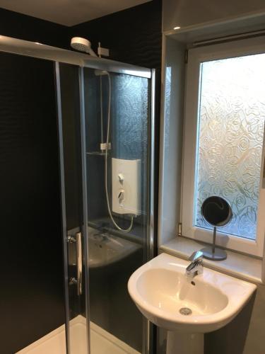 波特里温莎新月25号度假屋的一间带水槽和玻璃淋浴的浴室