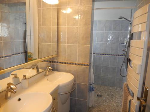 拉波勒Résidence Floria的一间带水槽、卫生间和淋浴的浴室