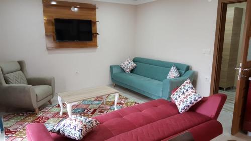 乌宗Uzungol Comfort Residence的客厅配有红色沙发和电视