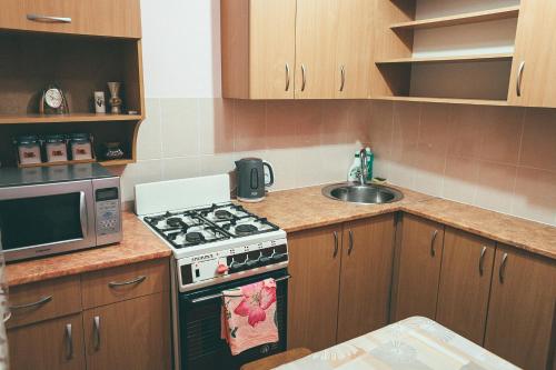 切尔尼戈夫Prime Home 2的一间带炉灶和微波炉的小厨房
