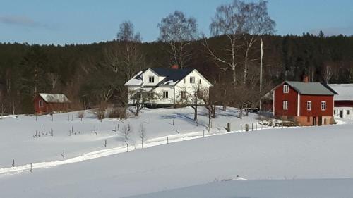 阿尔维卡The Sheep Inn B&B的雪地覆盖着房屋和红谷仓