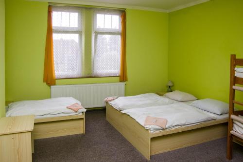 SadskáHotel Modrá hvězda Sadská的绿色客房 - 带两张床和两扇窗户