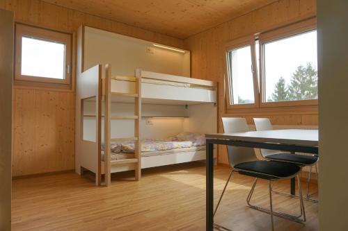 萨尔茨堡萨尔茨堡瓦尔斯旅舍的一间卧室配有一张双层床、一张书桌和两个窗户。