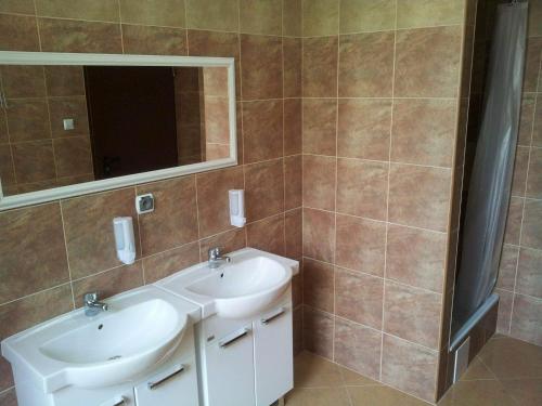 华沙马克西姆旅舍的一间带水槽和镜子的浴室