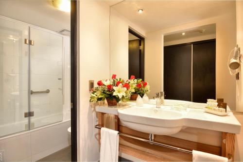 圣地亚哥普罗维登斯欧洲电信酒店的浴室配有水槽和鲜花淋浴