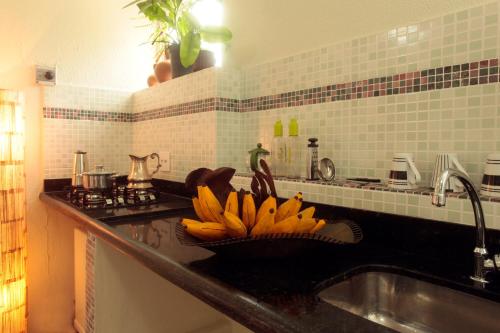 里约热内卢 欧特林欧尤卡旅馆的碗里放着一捆香蕉在厨房柜台上