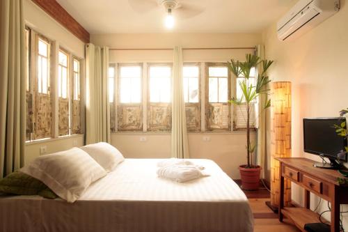 里约热内卢 欧特林欧尤卡旅馆的一间卧室设有一张床、一台电视和窗户。