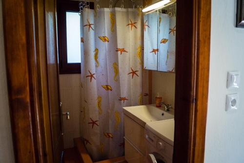 圣帕拉斯凯维Garden House的浴室设有水槽和带有鱼的淋浴帘。