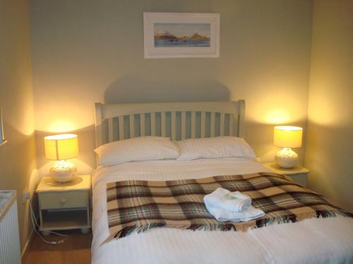 邓韦根Dunvegan Castle Laundry Cottage的一间卧室配有一张大床和两盏灯