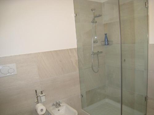 平佐洛Sillia Appartamenti的带淋浴、卫生间和盥洗盆的浴室