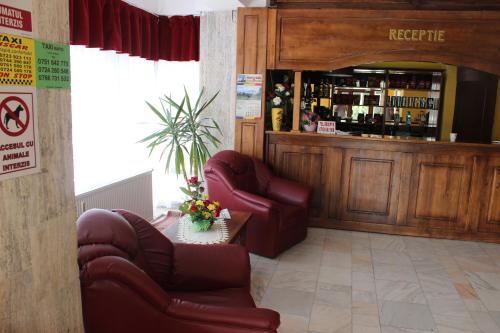 沃莱尼德蒙泰Hotel Ciucas的一间带两把椅子的餐厅和一间含酒精饮品的酒吧