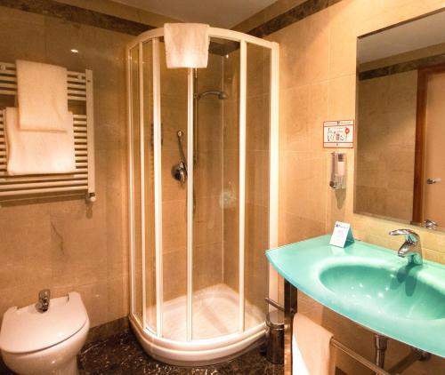 博阿迪利亚德尔蒙特TH博阿迪利亚酒店的带淋浴、盥洗盆和卫生间的浴室