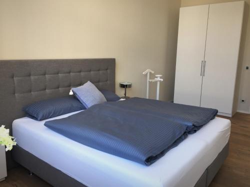 比勒费尔德Anker Guest House的一间卧室配有一张带蓝色枕头的大床