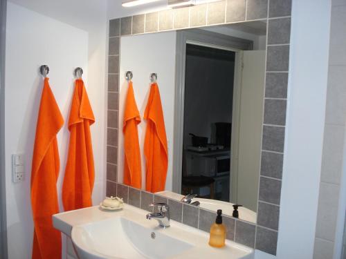 尼克宾西兰岛Jysse's Bed & Bath的浴室提供橙色毛巾、水槽和镜子