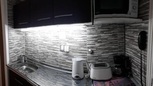 布宜诺斯艾利斯Downtown Viamonte Apartment的厨房柜台配有水槽和烤面包机