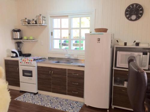 格拉玛多Chalé Vale do Floresta的厨房配有冰箱和微波炉。